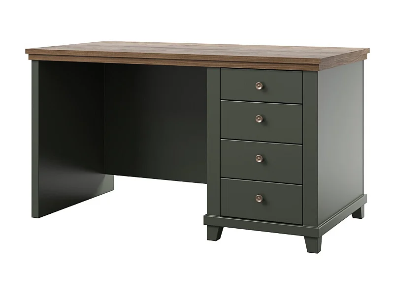 Mesa ASSIA 140 cm verde oscuro y madera - 4 cajones con tiradores de botón - Elegancia chic