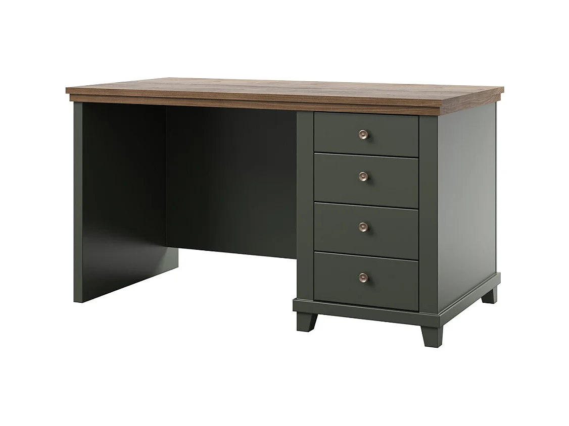 Bureau ASSIA 140 cm vert foncé et bois - 4 tiroirs avec poignées bouton - Élégance chic