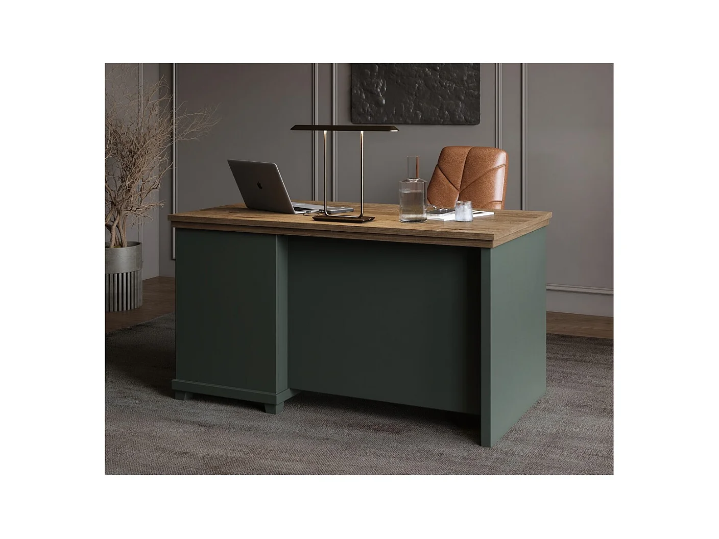 Bureau ASSIA 140 cm vert foncé et bois - 4 tiroirs avec poignées bouton - Élégance chic