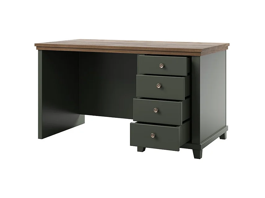 Bureau ASSIA 140 cm vert foncé et bois - 4 tiroirs avec poignées bouton - Élégance chic