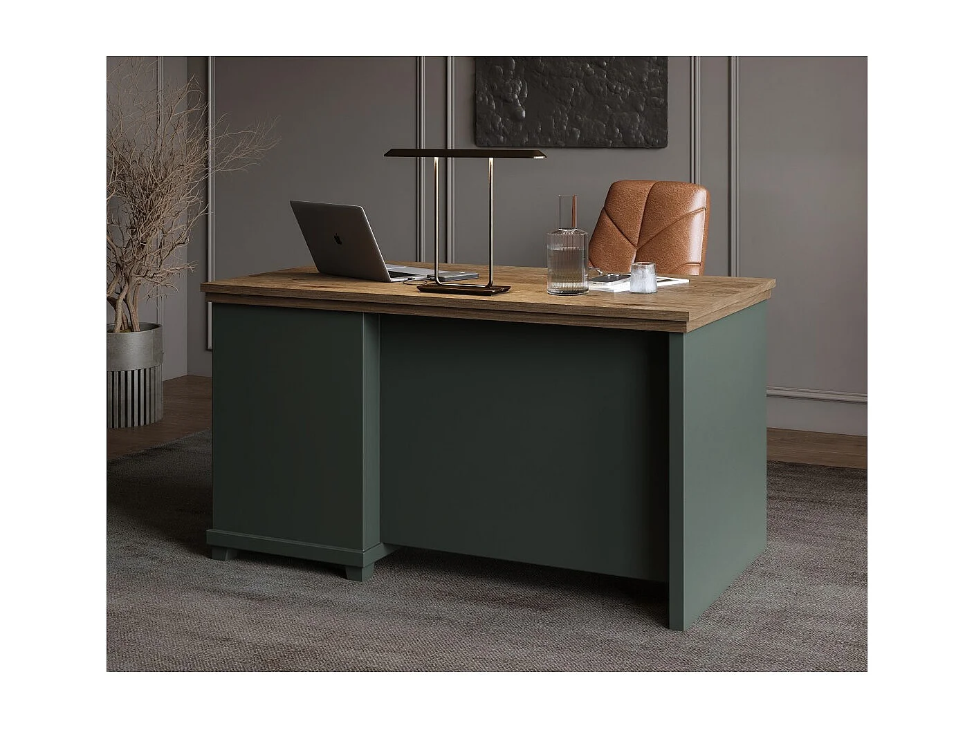 Escritório ASSIA 140 cm verde escuro e madeira - 4 gavetas com puxadores de botão - Elegância chique