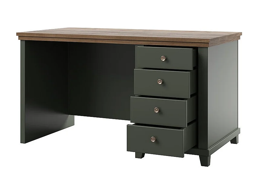 Escritório ASSIA 140 cm verde escuro e madeira - 4 gavetas com puxadores de botão - Elegância chique