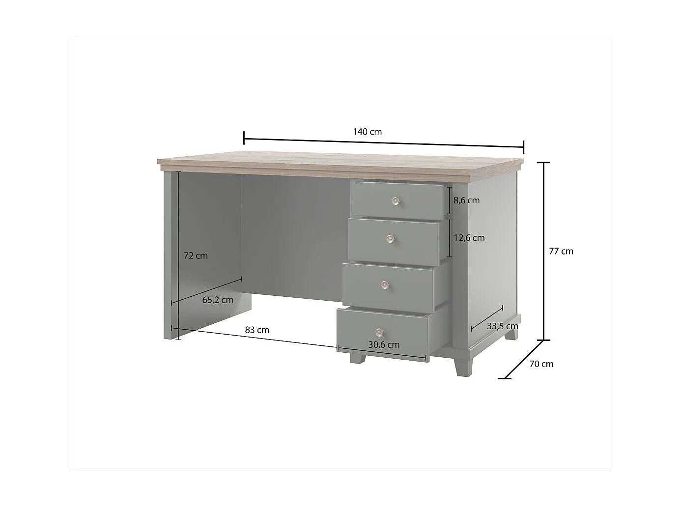 Escritório ASSIA 140 cm verde escuro e madeira - 4 gavetas com puxadores de botão - Elegância chique