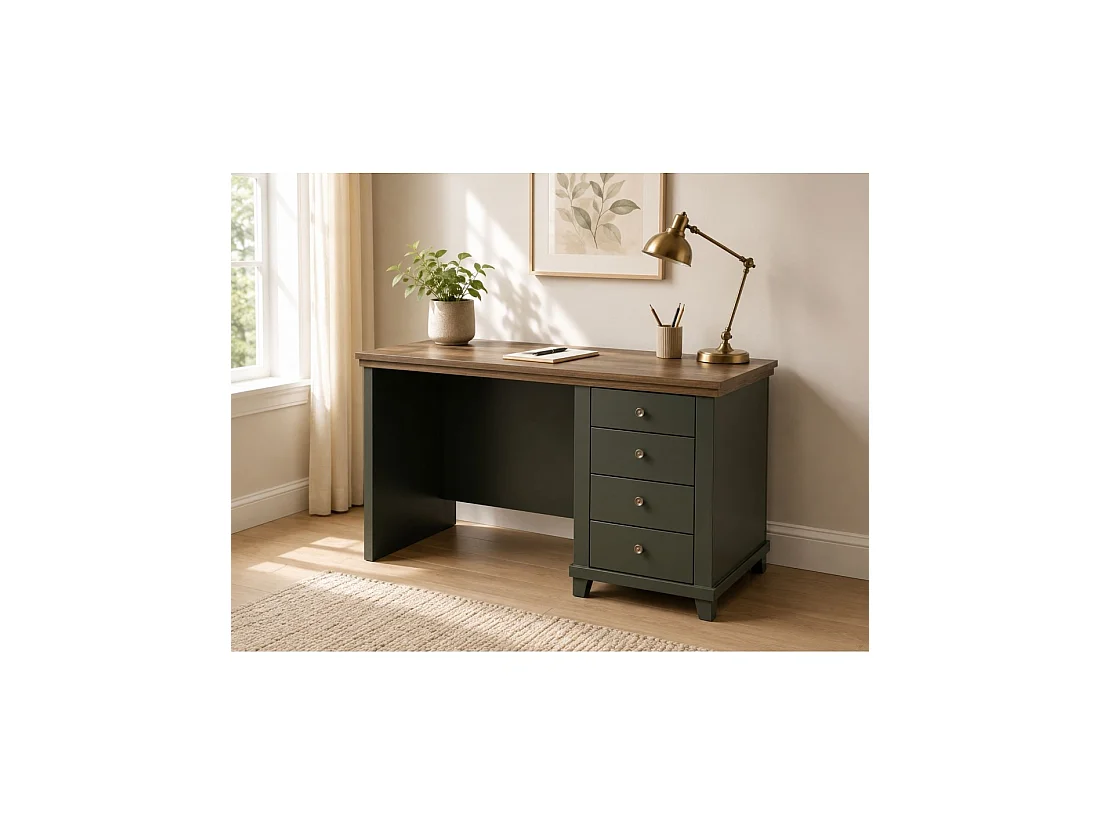 Bureau ASSIA 140 cm donkergroen en hout - 4 lades met knopgrepen - Chique elegantie