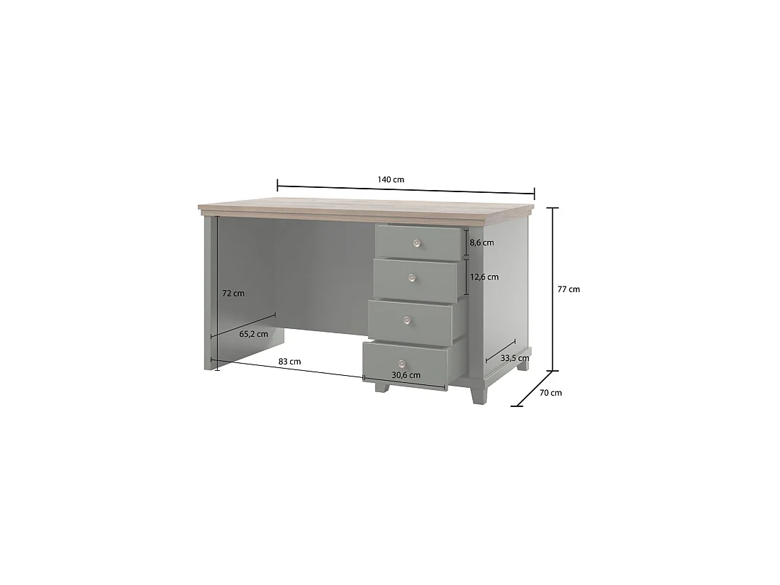 Bureau ASSIA 140 cm donkergroen en hout - 4 lades met knopgrepen - Chique elegantie