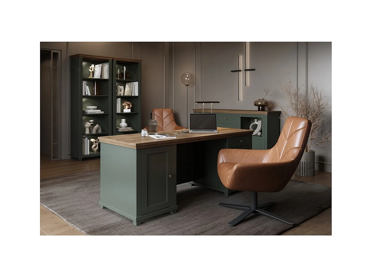 Escritorio ASSIA 180 cm verde oscuro y madera - Cajones, nichos y almacenamiento - Elegancia atemporal