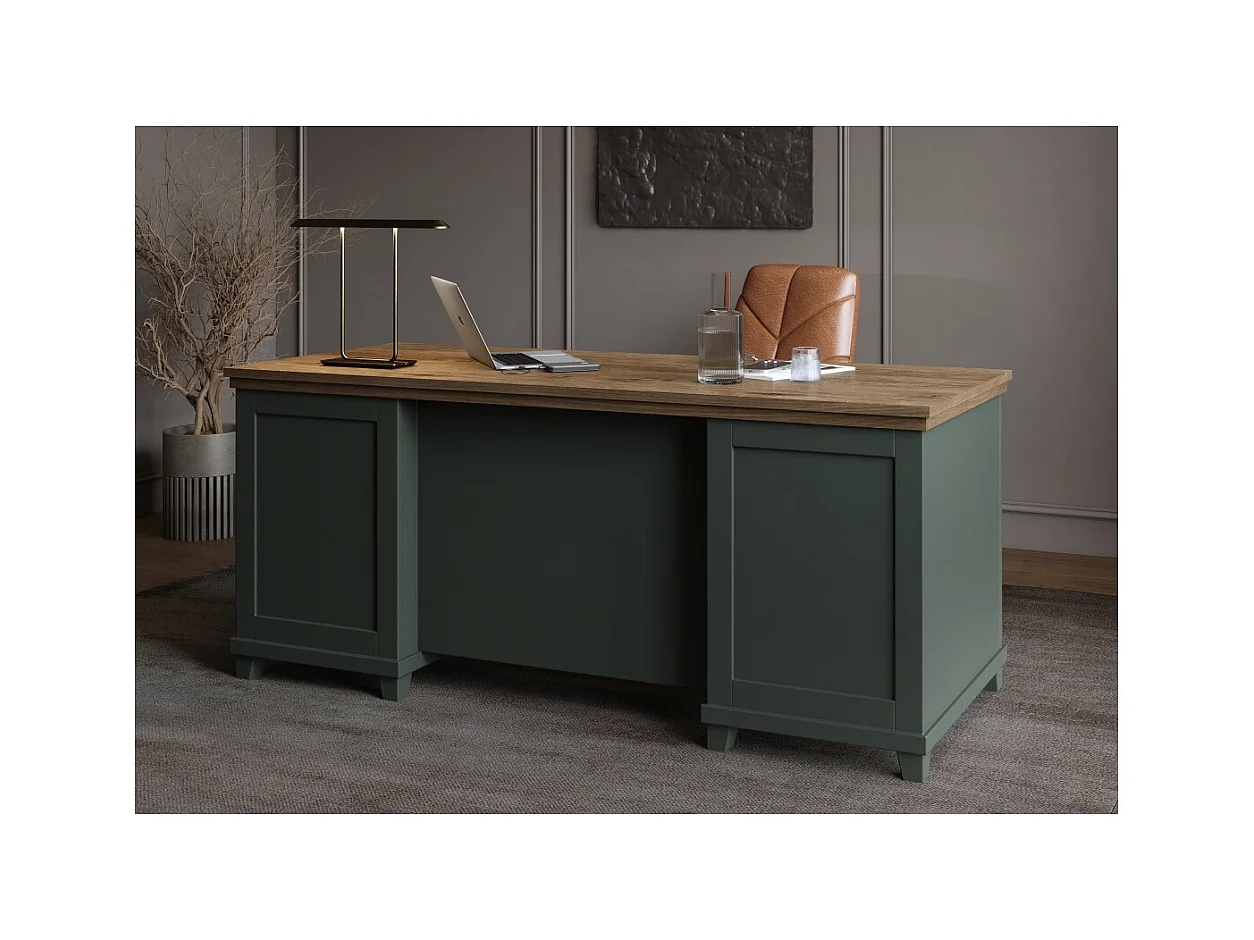 Escritorio ASSIA 180 cm verde oscuro y madera - Cajones, nichos y almacenamiento - Elegancia atemporal