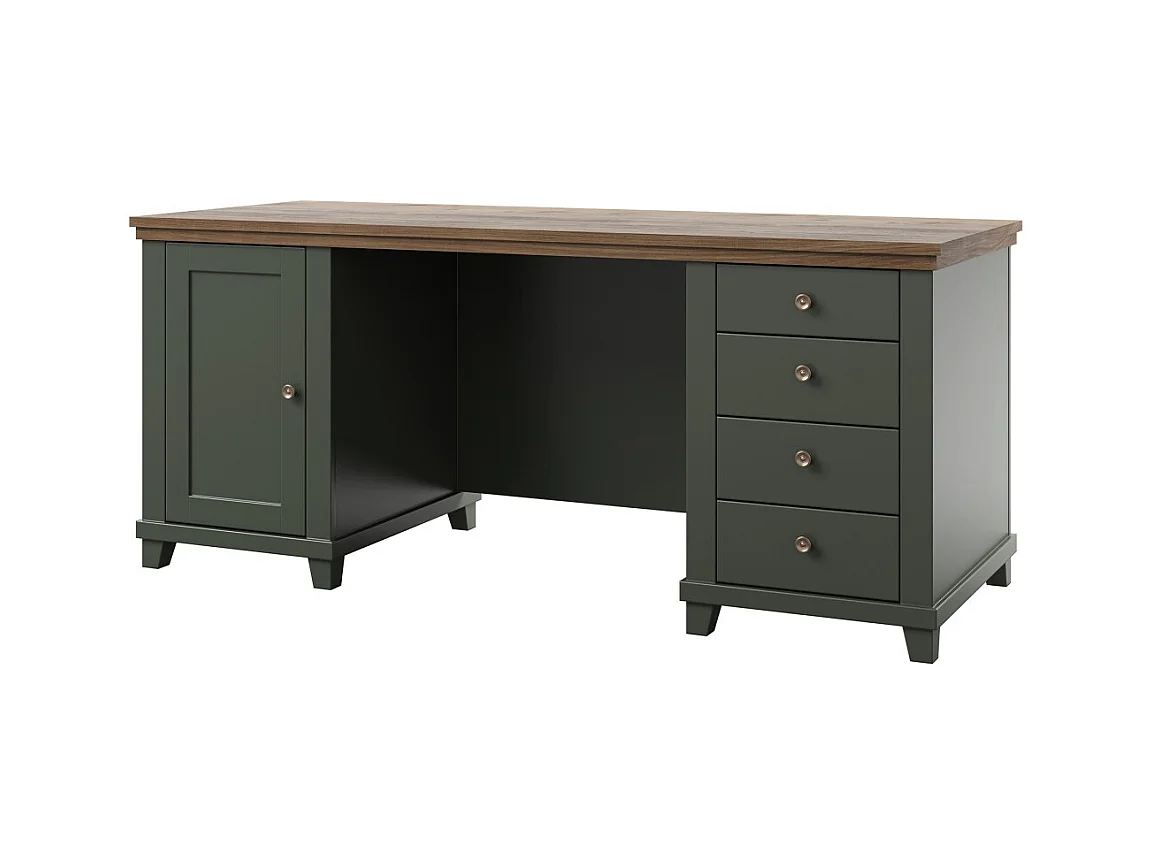Bureau ASSIA 180 cm vert foncé et bois - Tiroirs, niches et rangement - Élégance intemporelle