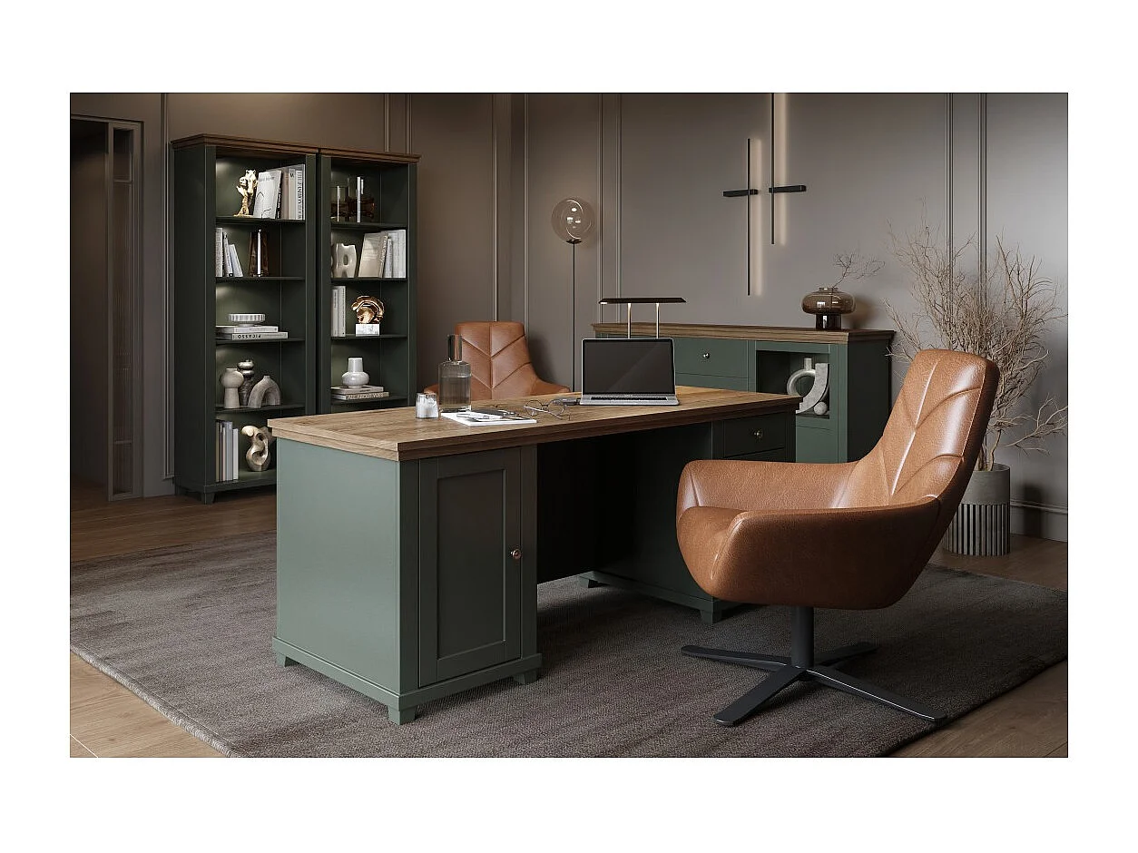 Escritorio ASSIA 180 cm verde oscuro y madera - Cajones, nichos y almacenamiento - Elegancia atemporal