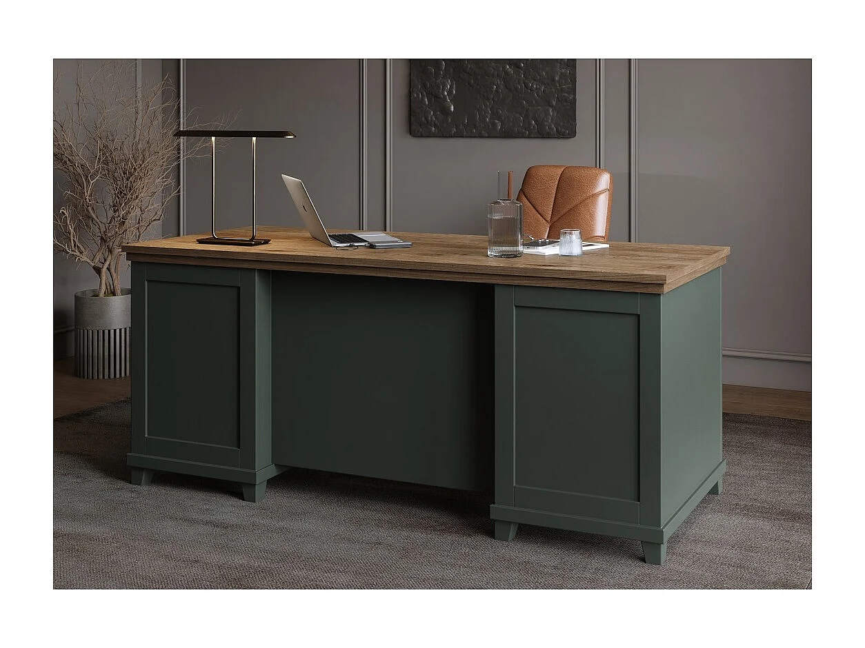 Escritorio ASSIA 180 cm verde oscuro y madera - Cajones, nichos y almacenamiento - Elegancia atemporal