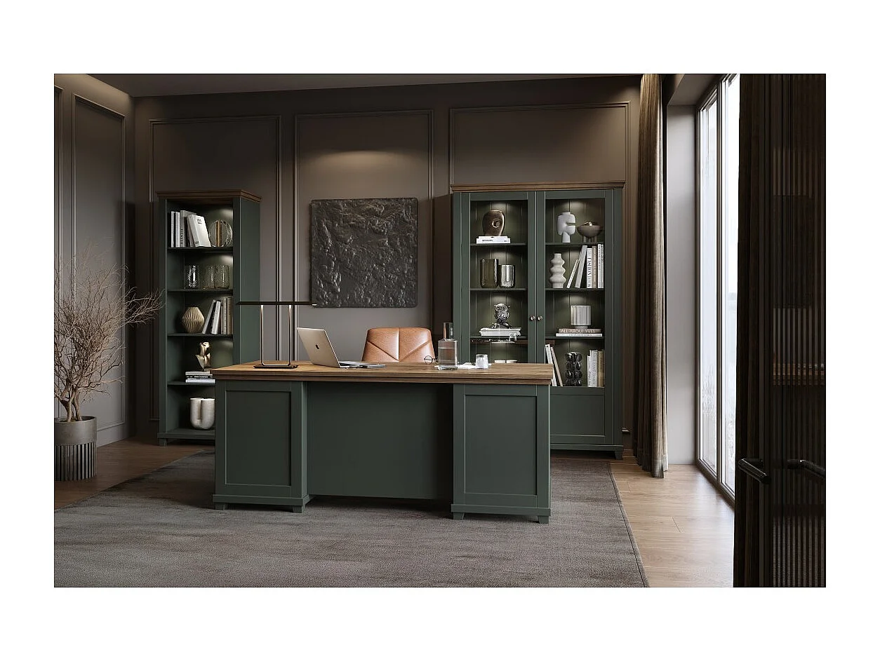 Escritorio ASSIA 180 cm verde oscuro y madera - Cajones, nichos y almacenamiento - Elegancia atemporal