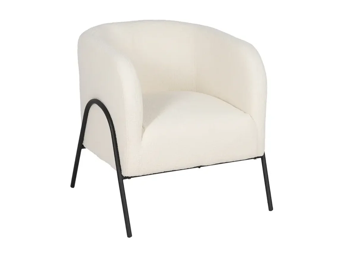 Fauteuil bouclé blanc accoudoirs cintrés structure métal moderne FALORIA