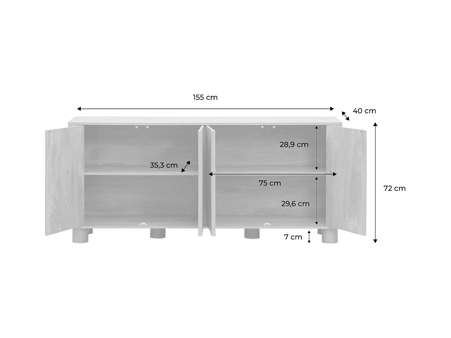Credenza esotica effetto legno di mango 4 ante 155cm, albero di mango