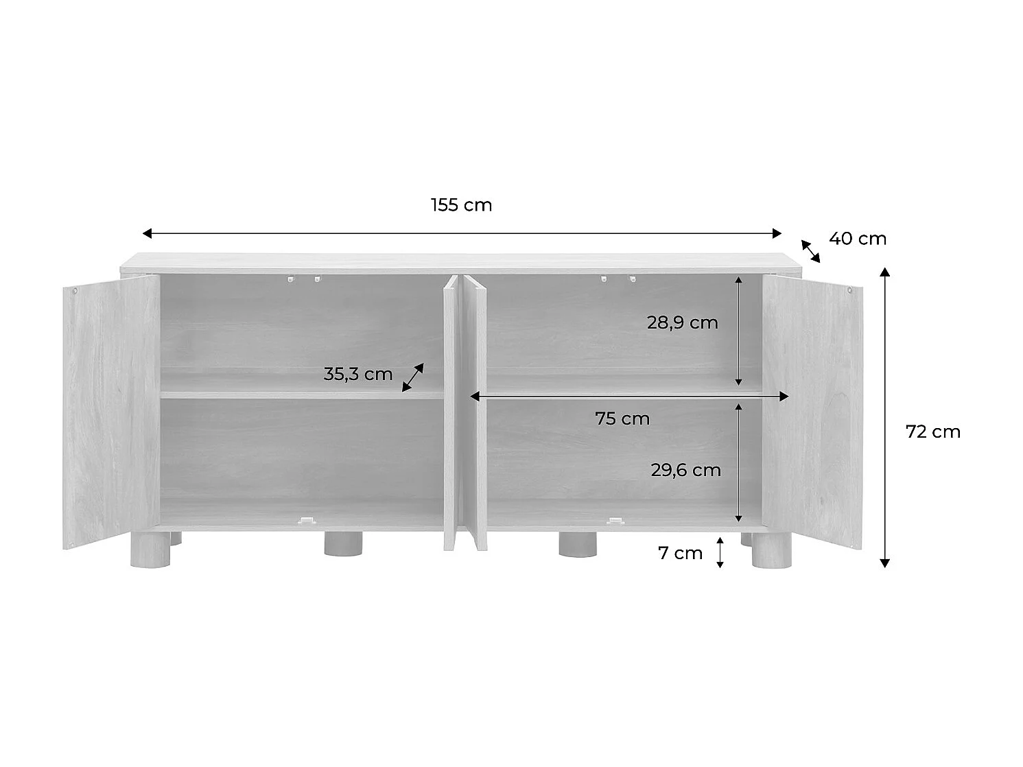 Credenza esotica effetto legno di mango 4 ante 155cm, albero di mango