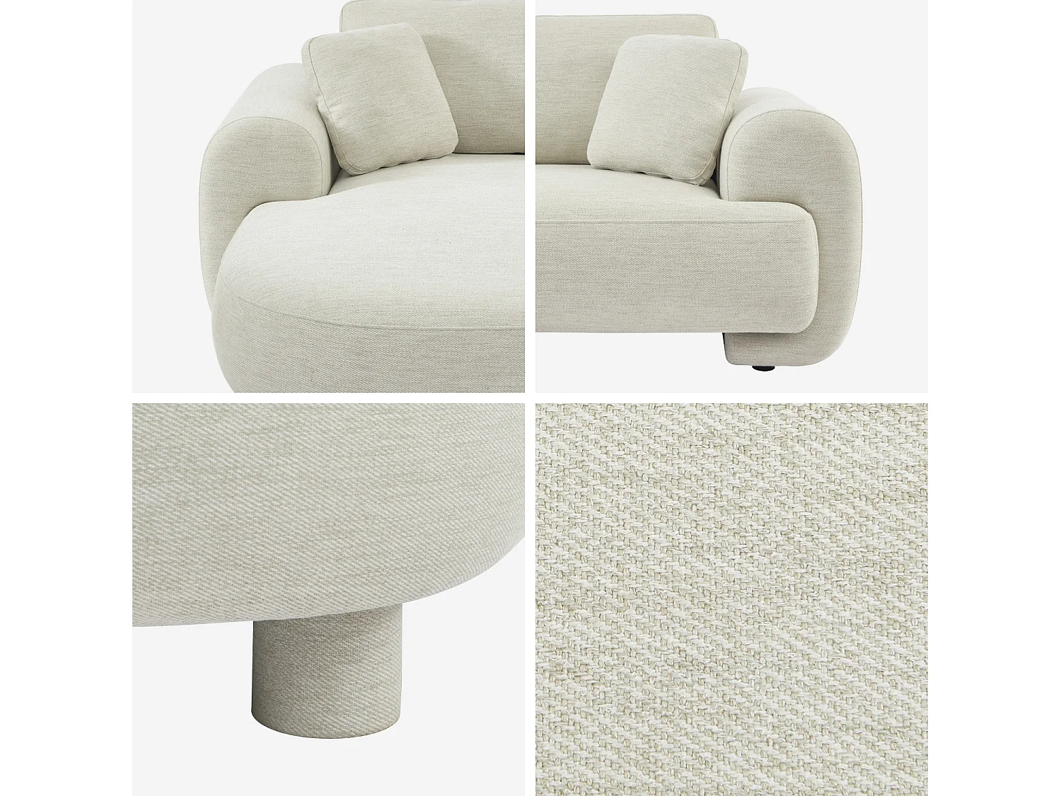 Sofá esquinero izquierdo con patas redondas de 3 plazas crema