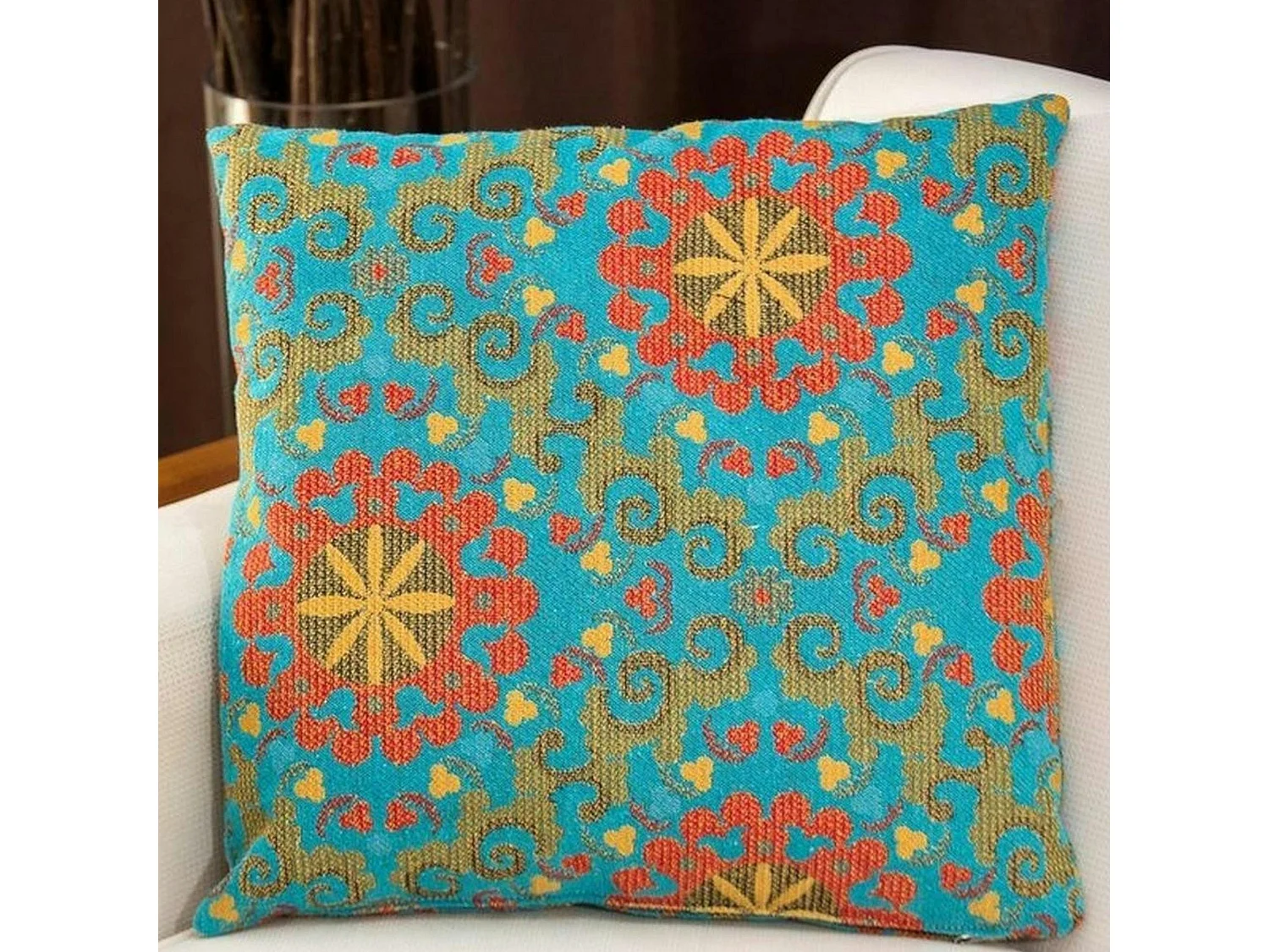 Coussin rétro multicolore – fleurs sur fond bleu IZMIR