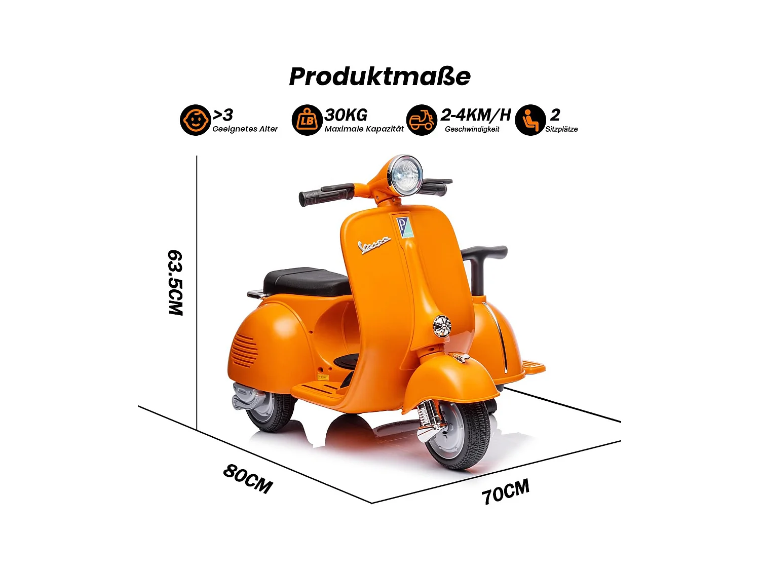 Scooter eléctrico Vespa 6v para niños, 2 plazas, en color naranja