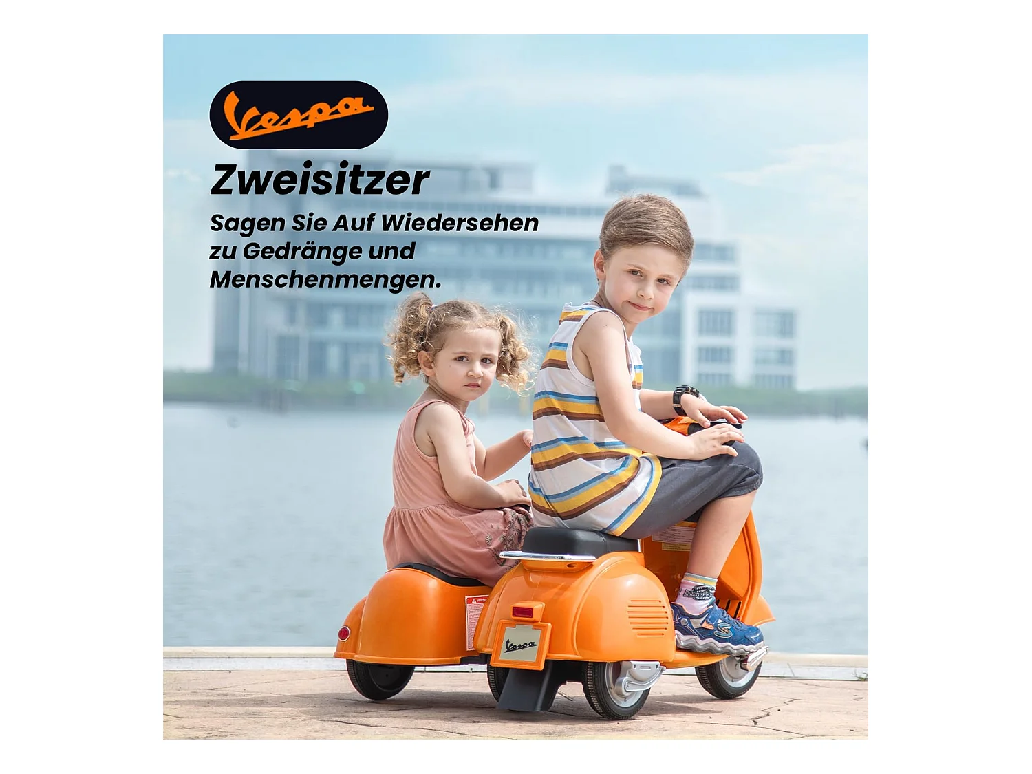 Scooter eléctrico Vespa 6v para niños, 2 plazas, en color naranja