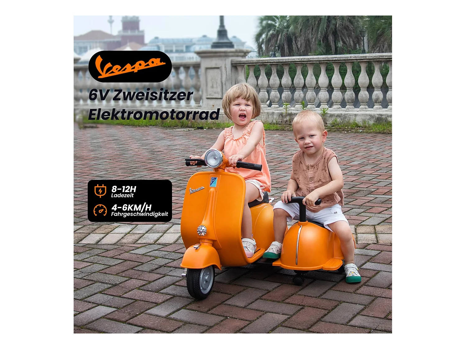 Scooter eléctrico Vespa 6v para niños, 2 plazas, en color naranja