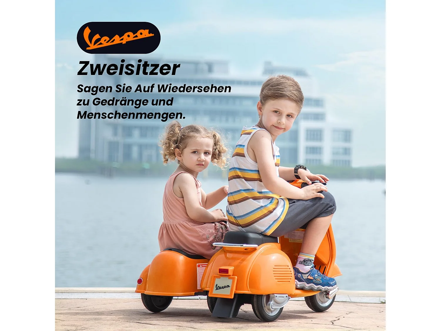 Vespa Dubbele Elektrische Kinderscooter - ORYXEARTH - Oranje - 6V - 4 Wielen