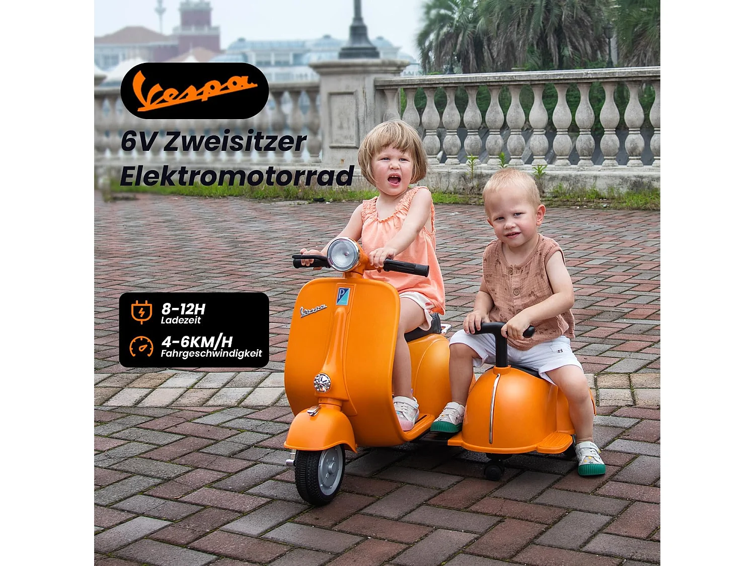 Vespa Dubbele Elektrische Kinderscooter - ORYXEARTH - Oranje - 6V - 4 Wielen