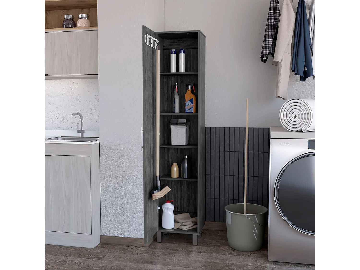 TUHOME Gabinete Alto de Almacenamiento Lawen, Una Puerta, 3 Ganchos para Escobas, Roble Ahumado