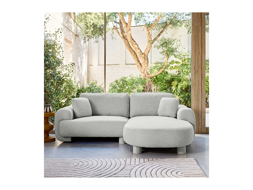 Sofá esquinero derecha de tela liso con patas redondas, 3 plazas gris
