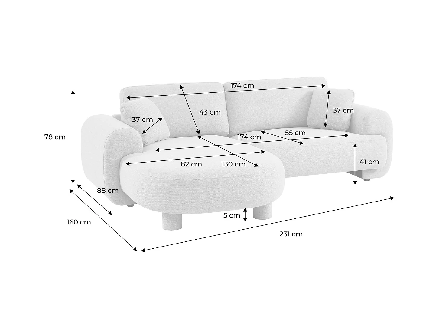 Sofá esquinero derecha de tela liso con patas redondas, 3 plazas gris