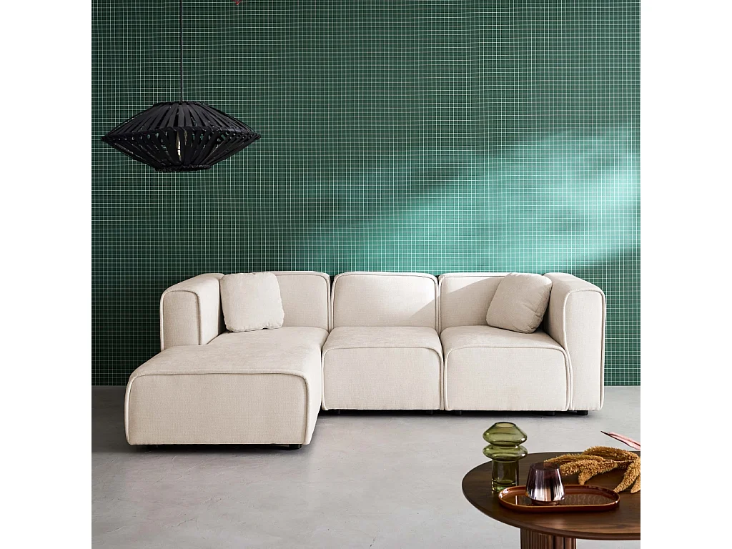 Canapé d'angle gauche 3 places tissu beige 2 coussins carrés L 230 x P 145 x H 70 cm - Lester