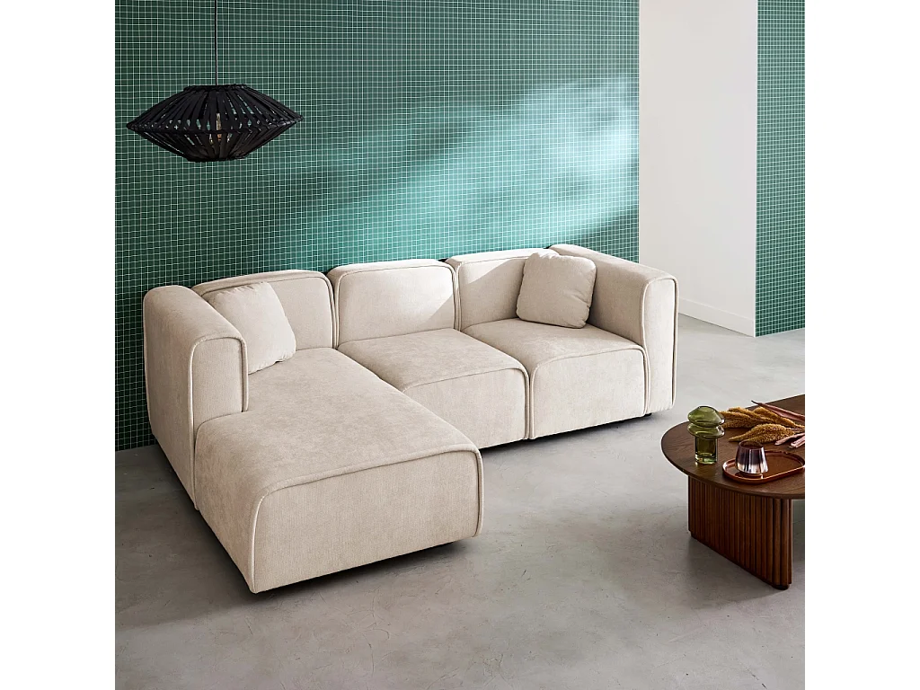 Canapé d'angle gauche 3 places tissu beige 2 coussins carrés L 230 x P 145 x H 70 cm - Lester