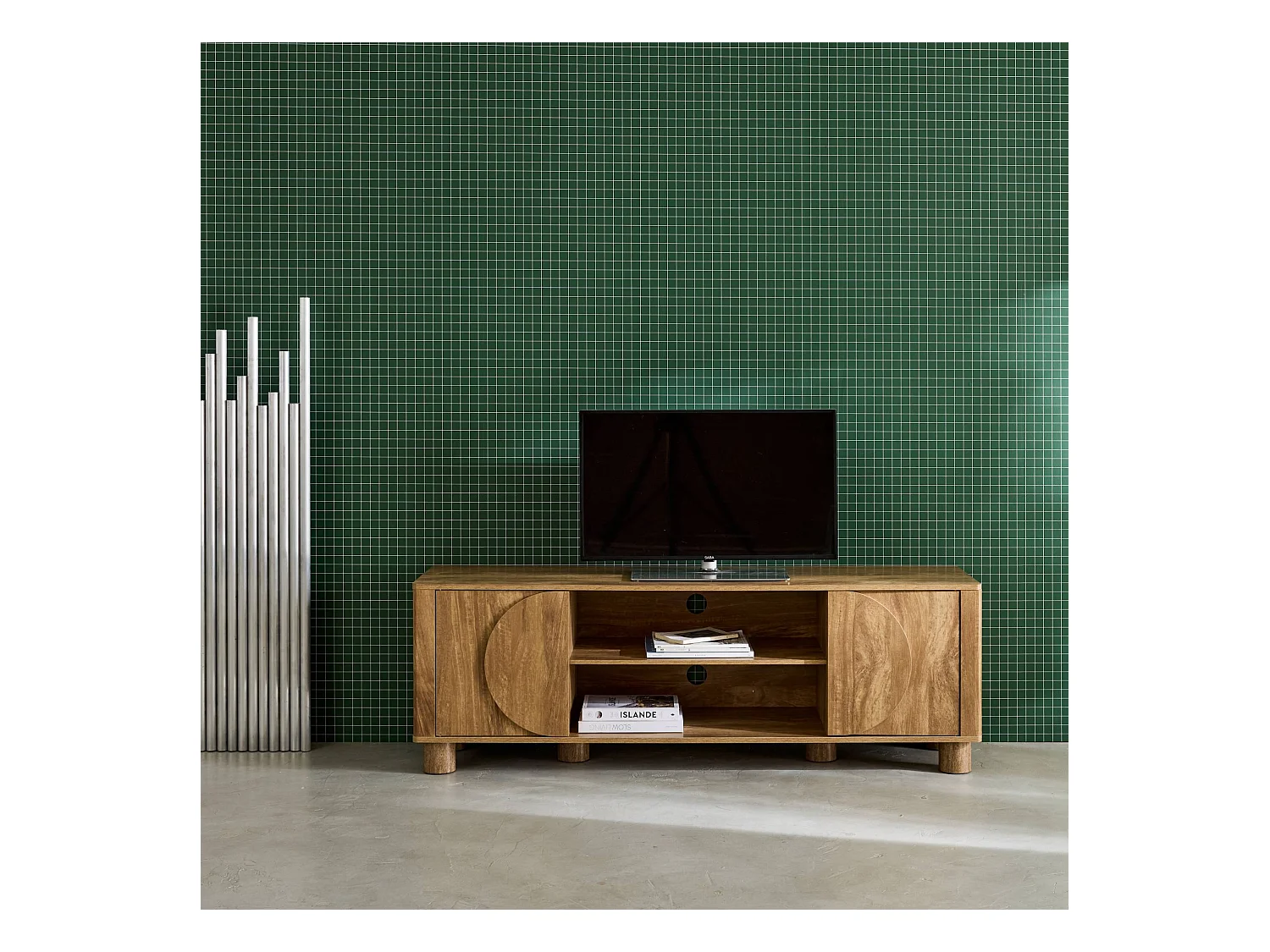Meuble TV exotique décor bois de manguier 2 portes 155cm Pondi