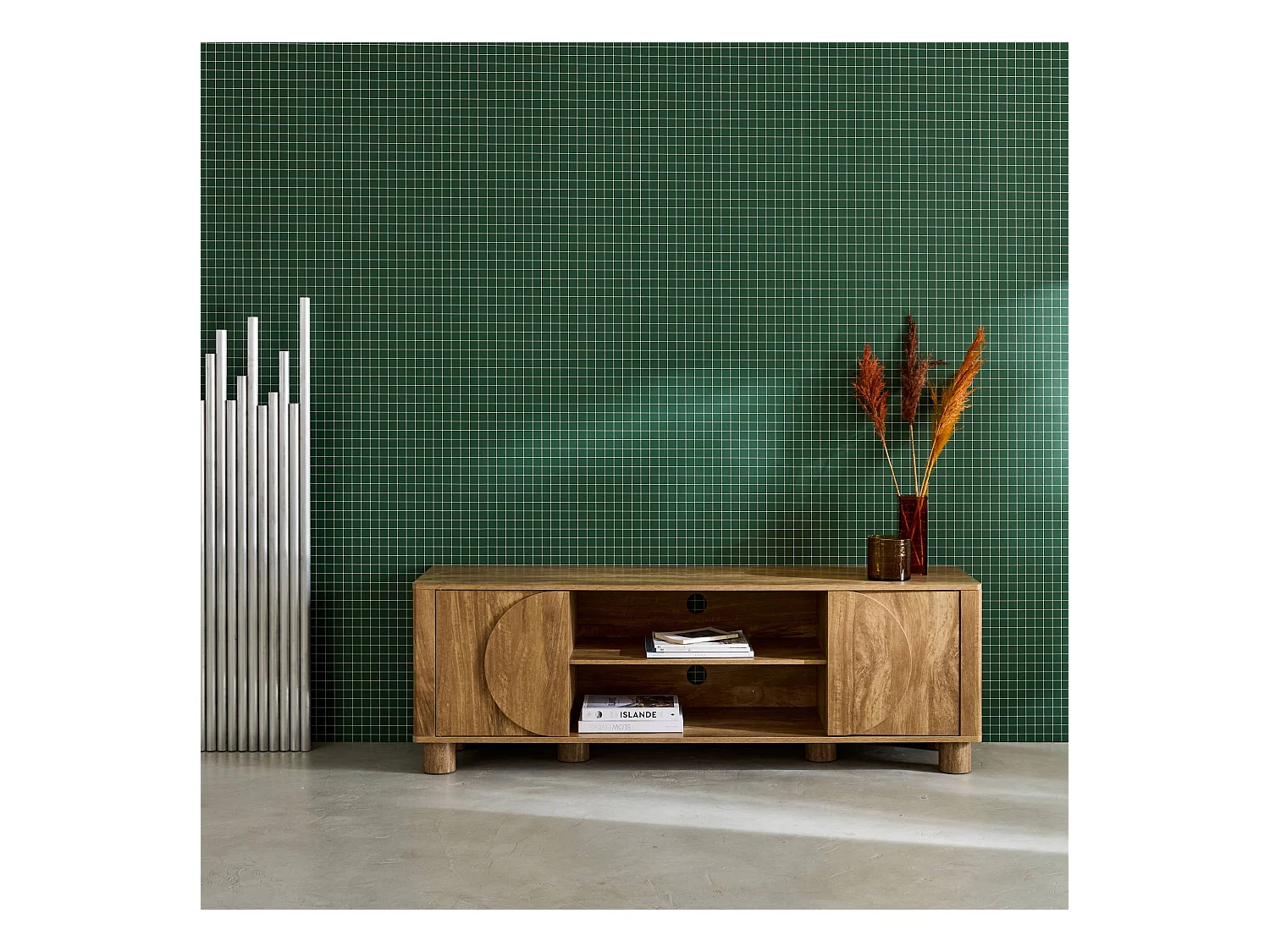 Meuble TV exotique décor bois de manguier 2 portes 155cm Pondi