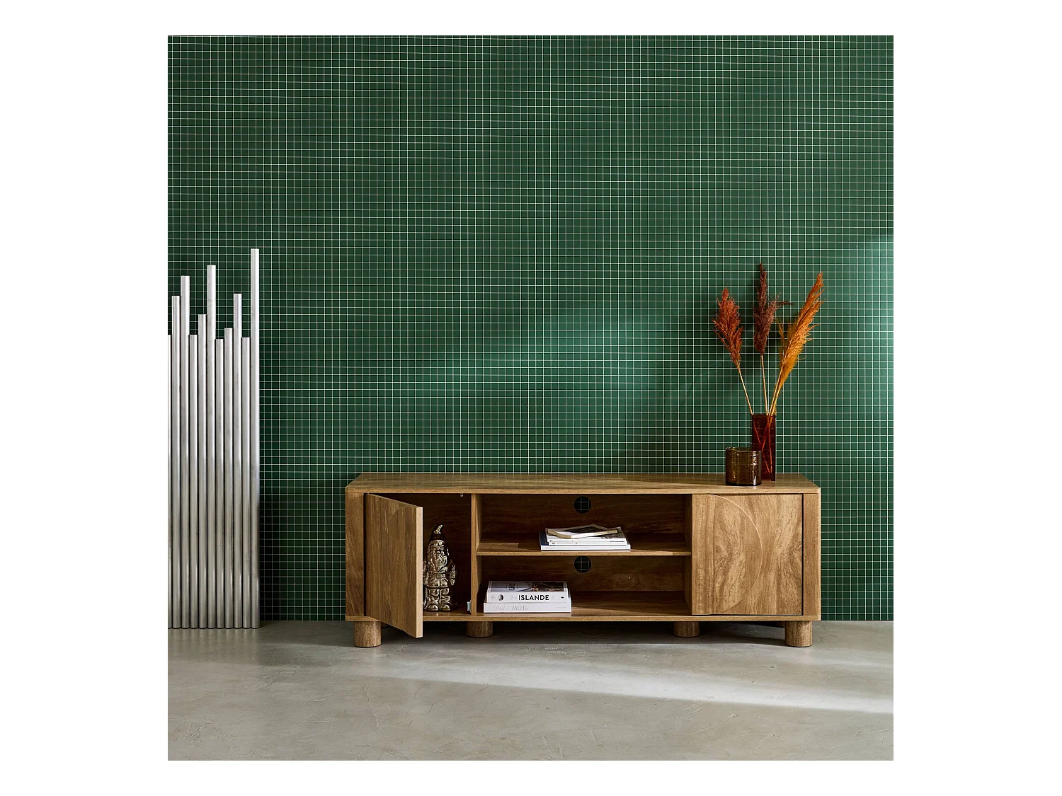 Meuble TV exotique décor bois de manguier 2 portes 155cm Pondi