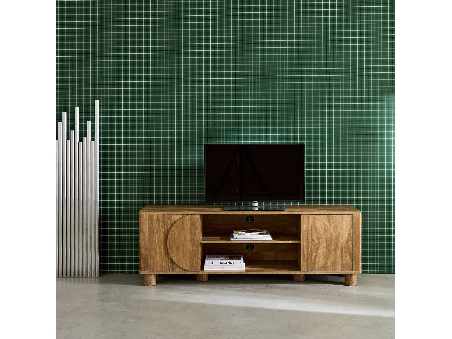 Meuble TV exotique décor bois de manguier 2 portes 155cm Pondi