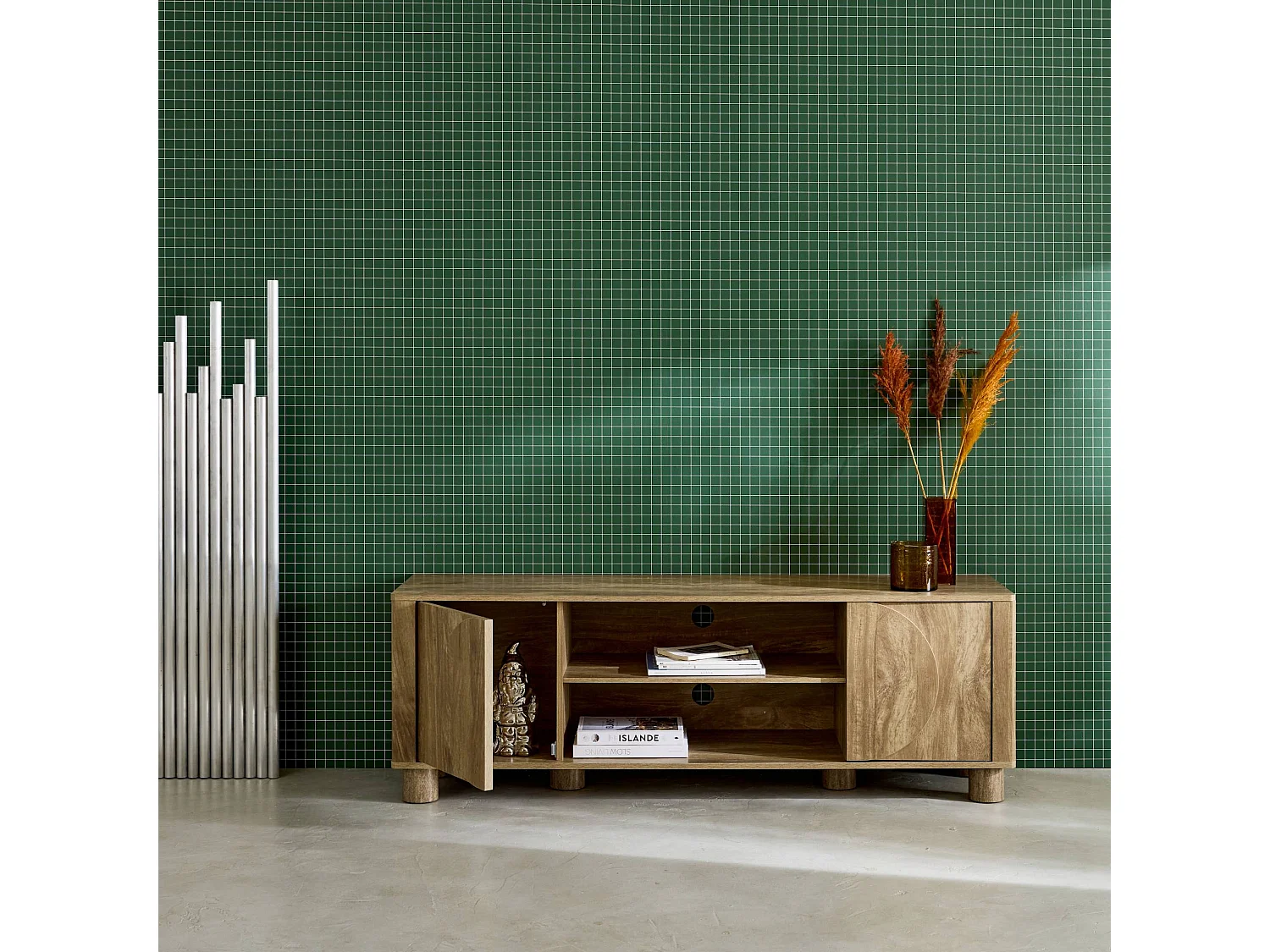 Meuble TV exotique décor bois de manguier 2 portes 155cm Pondi