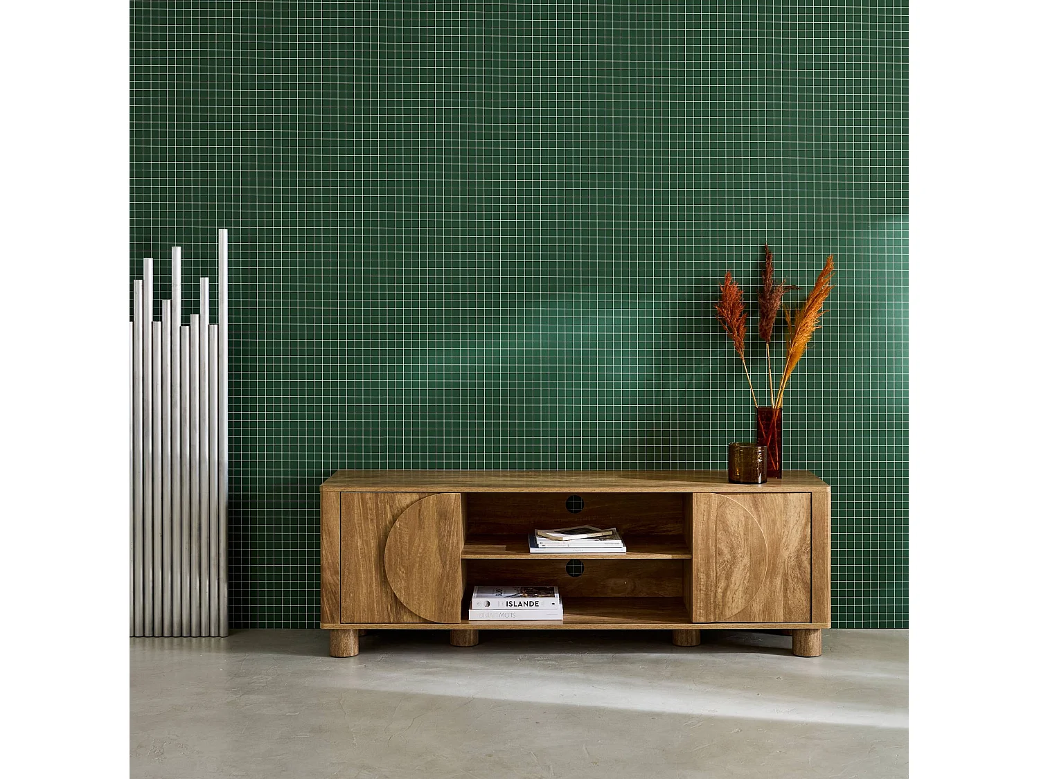 Mobile tv esotico effetto legno di mango 2 ante reversibili, 155cm,