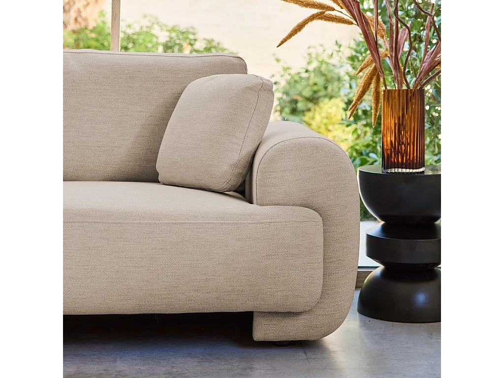 Canapé d'angle gauche 3 places tissu beige. pieds ronds L 231 x P 160 / 88 cm - Zenio