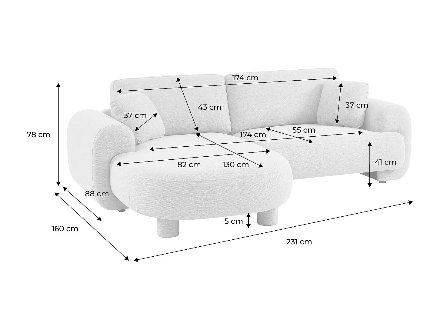 Canapé d'angle gauche 3 places tissu beige. pieds ronds L 231 x P 160 / 88 cm - Zenio