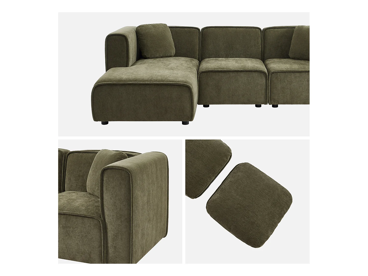 Canapé d'angle gauche 3 places tissu kaki 2 coussins carrés L 230 x P 145 x H 70 cm - Lester