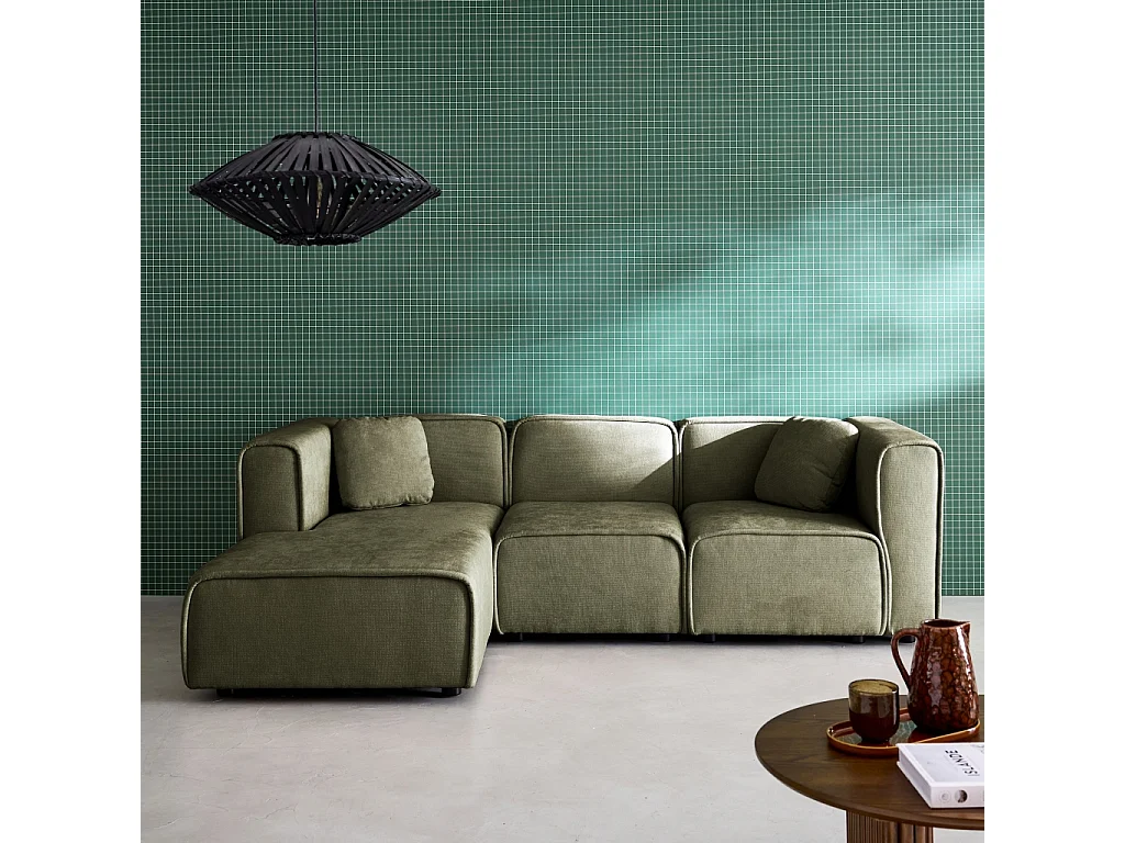 Canapé d'angle gauche 3 places tissu kaki 2 coussins carrés L 230 x P 145 x H 70 cm - Lester