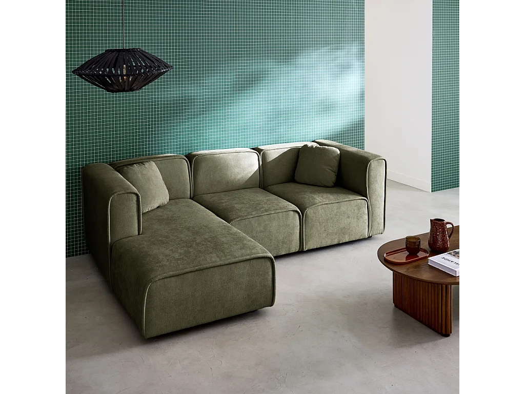Canapé d'angle gauche 3 places tissu kaki 2 coussins carrés L 230 x P 145 x H 70 cm - Lester