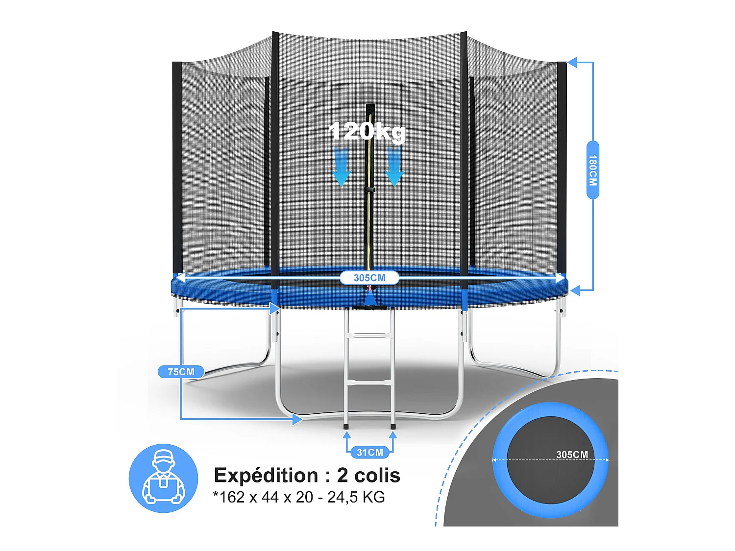 Trampoline avec filet de sécurité 305 cm - Jouet pour enfants pour le sport, la maison et l'extérieur Avec base sécurisée et protection anti-rouille
