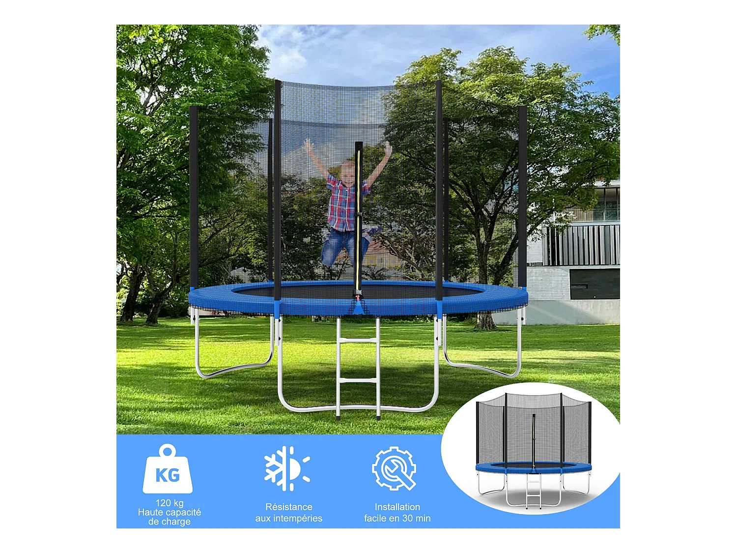 Trampoline avec filet de sécurité 305 cm - Jouet pour enfants pour le sport, la maison et l'extérieur Avec base sécurisée et protection anti-rouille