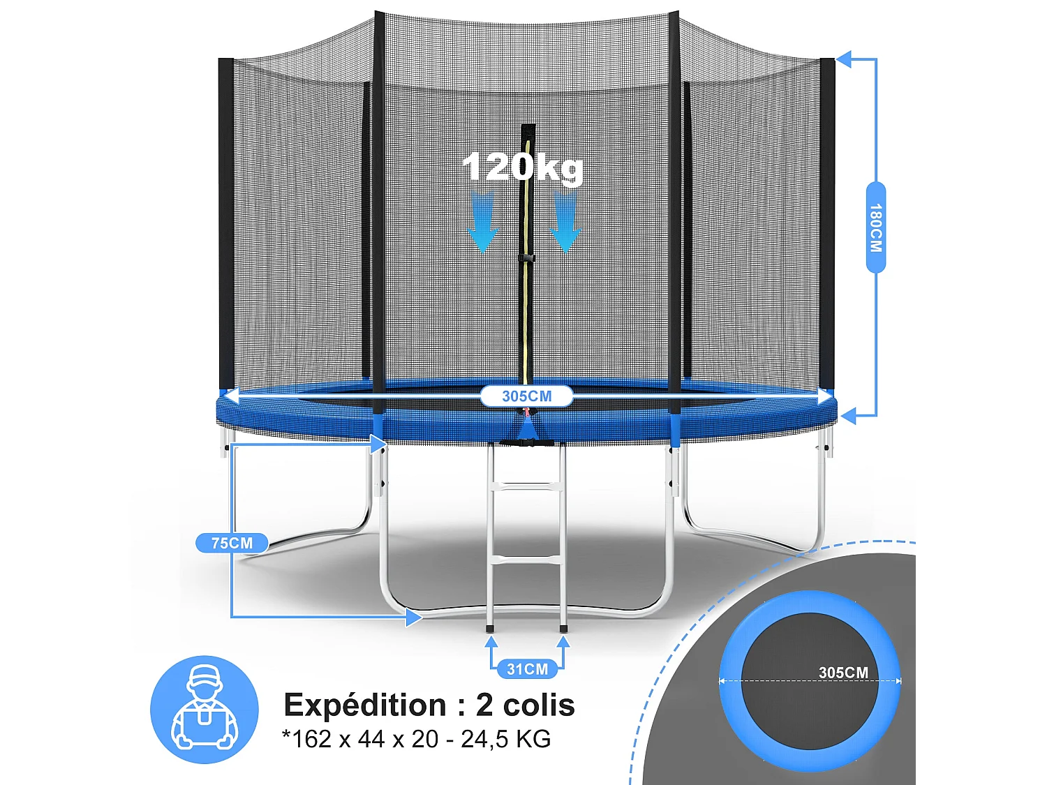 Trampoline avec filet de sécurité 305 cm - Jouet pour enfants pour le sport, la maison et l'extérieur Avec base sécurisée et protection anti-rouille