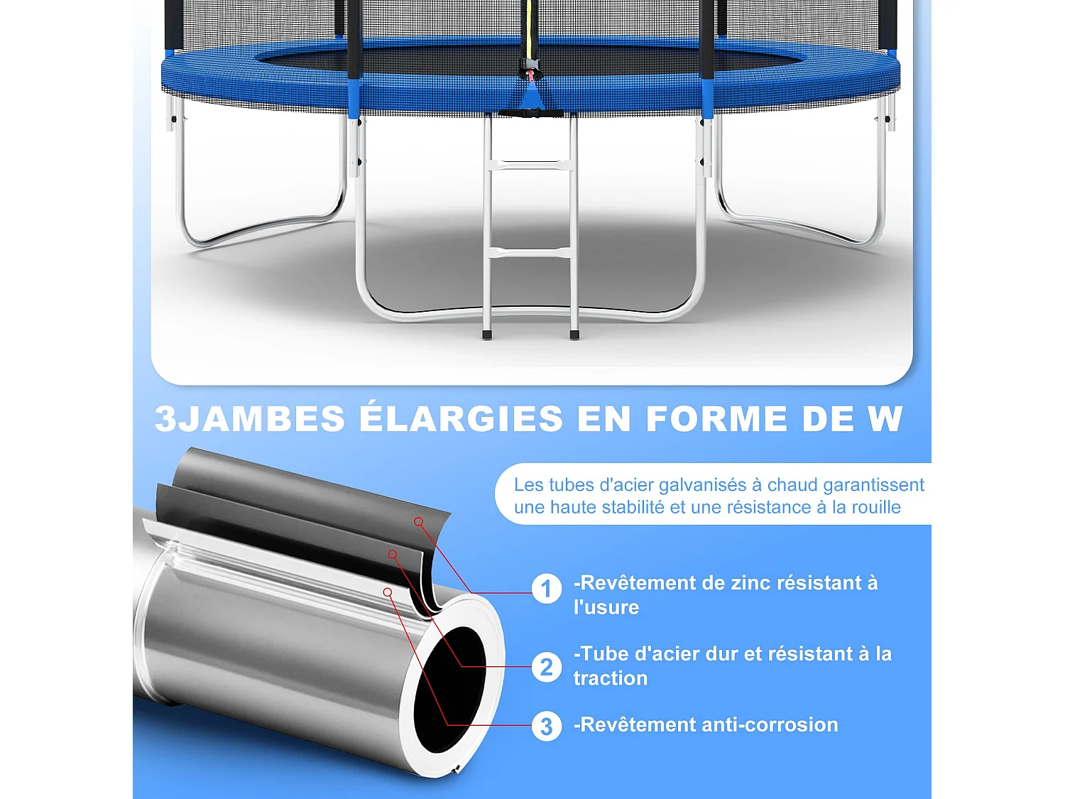 Trampoline avec filet de sécurité 305 cm - Jouet pour enfants pour le sport, la maison et l'extérieur Avec base sécurisée et protection anti-rouille