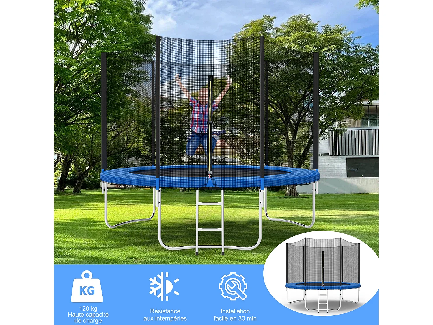 Trampoline avec filet de sécurité 305 cm - Jouet pour enfants pour le sport, la maison et l'extérieur Avec base sécurisée et protection anti-rouille