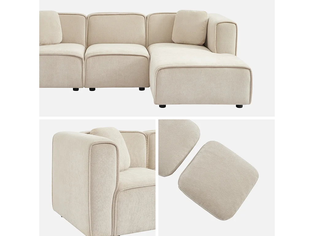 Sofá esquinero derecha de tela liso, 3 plazas beige