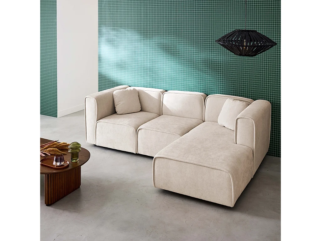 Sofá esquinero derecha de tela liso, 3 plazas beige