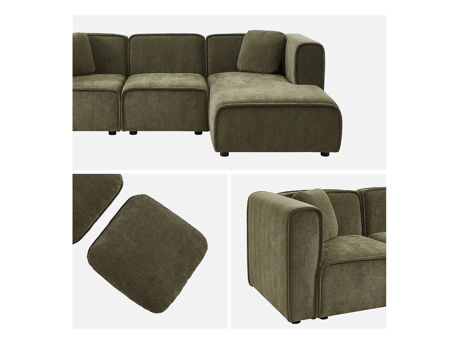 Canapé d'angle droite 3 places tissu kaki 2 coussins carrés L 230 x P 145 x H 70 cm - Lester