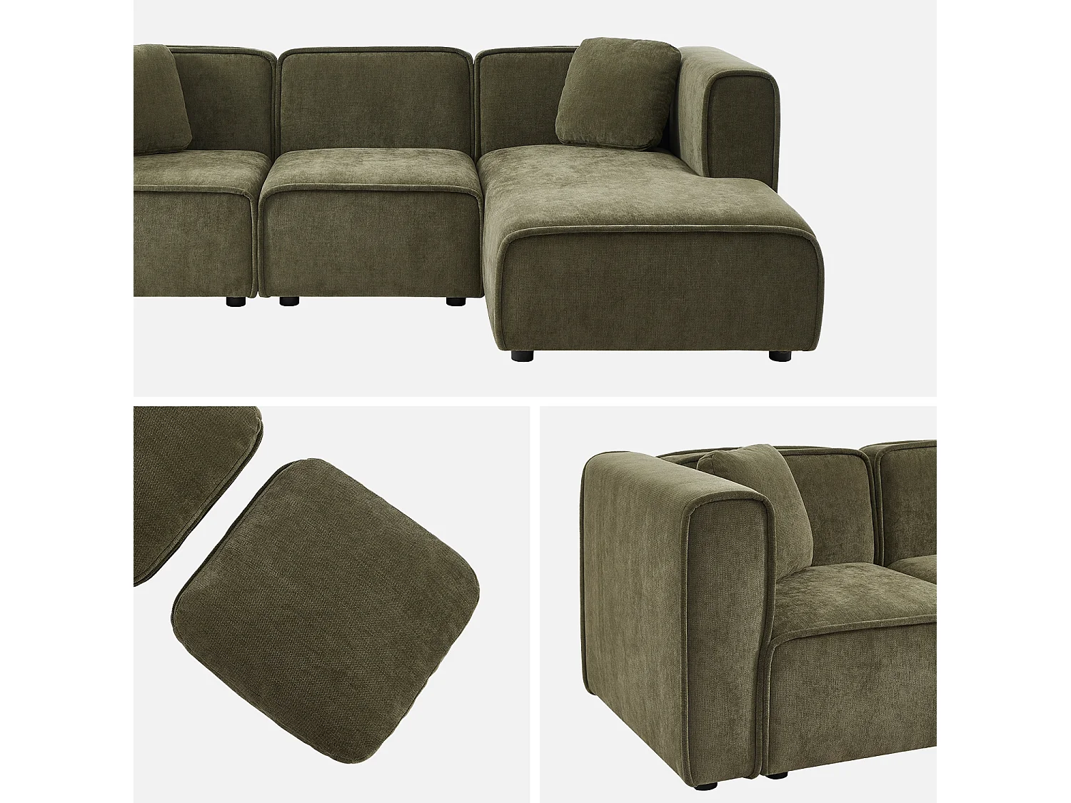 Canapé d'angle droite 3 places tissu kaki 2 coussins carrés L 230 x P 145 x H 70 cm - Lester